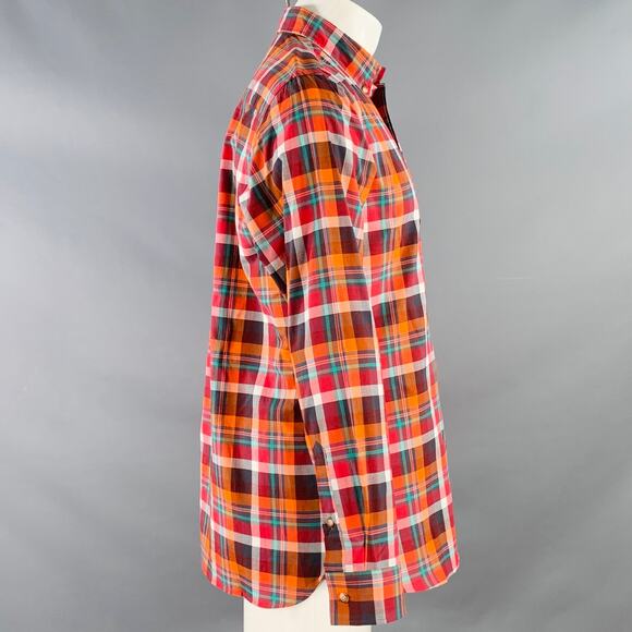 M Red Multi Color Plaid Cotton One Pocket Button Down Collar Long Sleeve Shirt - Picture 3 of 7